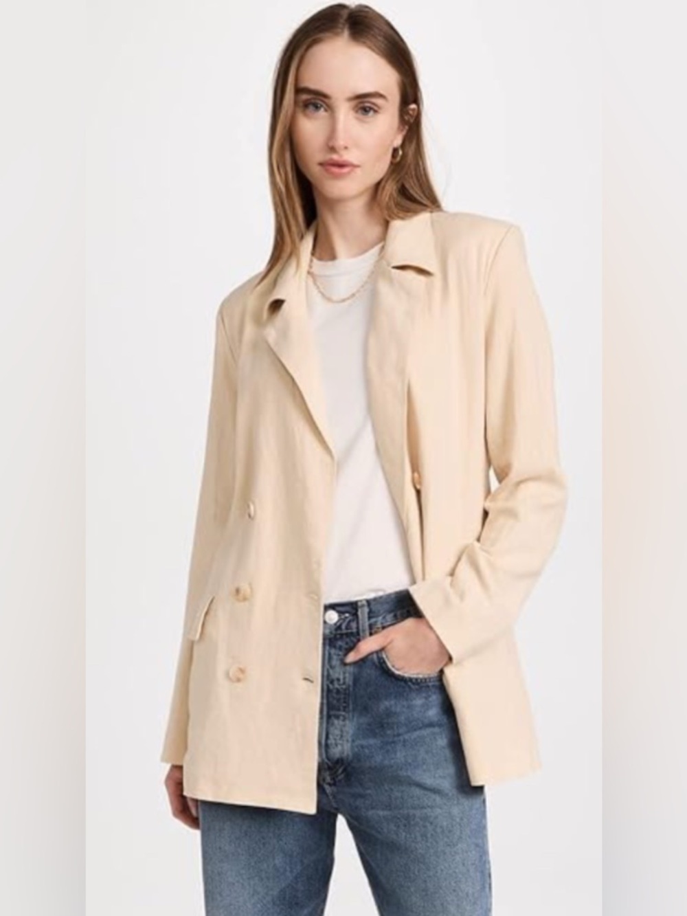 Free People Beige Double-Breasted Blazer Jacket